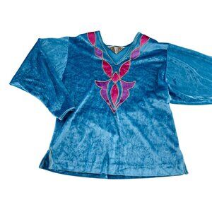 Oscar De La Renta Vintage Blue Velvet Top Pink‎ & Purple Embroidery size Small